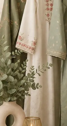 Close-up of embroidered sage green and cream fabric detail
