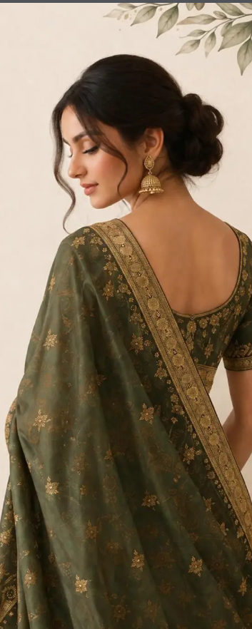 Aira Attires model draped in a hand-embroidered olive green saree with gold zari border