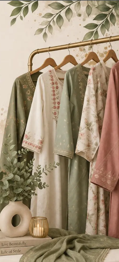 Rack of Aira Attires ready-to-wear ethnic outfits in sage green, cream and dusty rose